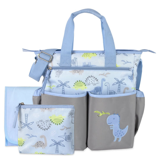 13.5”L 3 Piece Multi-Pocket Crossbody Diaper Bag Tote with Matching Changing Pad and Zippered Pacifier Pouch for Newborns, Infants & Toddlers in Blue & Gray Dinosaurs
