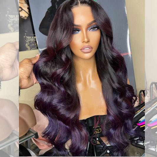100% Brazillian Virgin Human Hair Wigs Dark Purple Color Body Wave Style HD Transparent Lace Front Wigs for Black Women 180% Density Pre Plucked Hairline(22Inch)